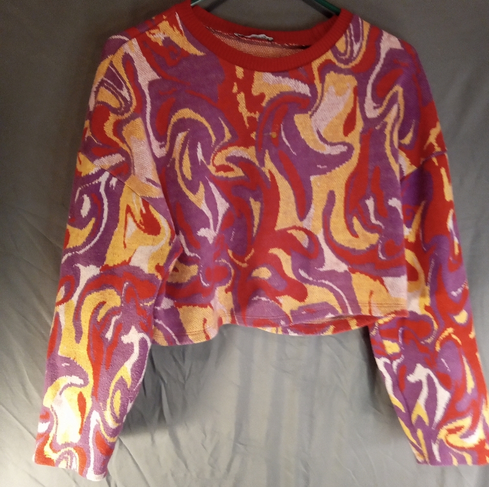 Zara Red and Purple Abstract Crop Knit Sweatshirt